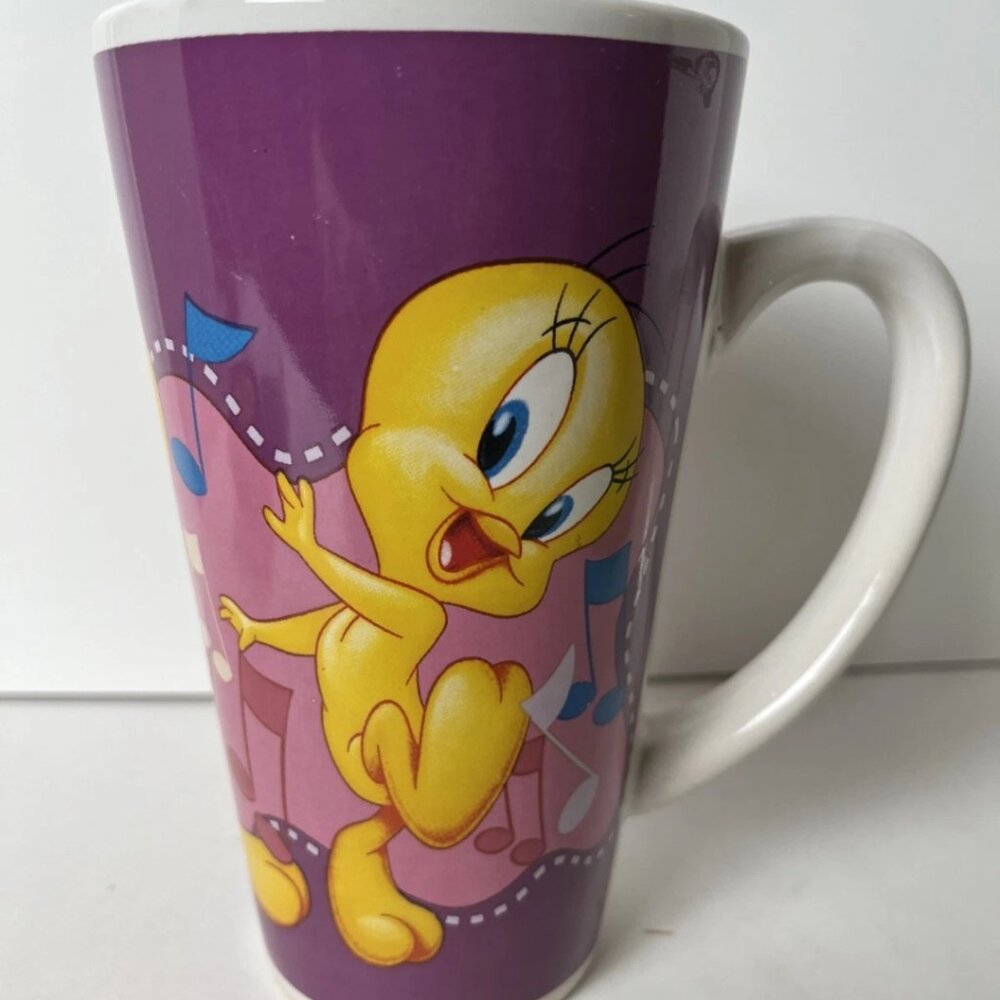 1998 Tweety Bird Tall Latte Mug Purple Looney Tunes Warner Bros 16oz